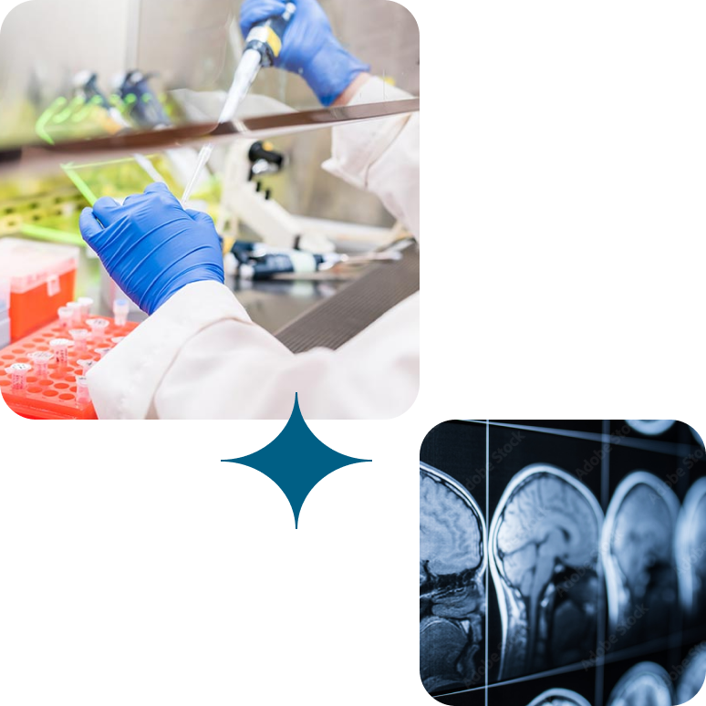 Two photos with rounded corners, one is of a lab technician pipetting into a tube and the other is a black-and-white brain scan, all overlaid with a blue four-pointed star.