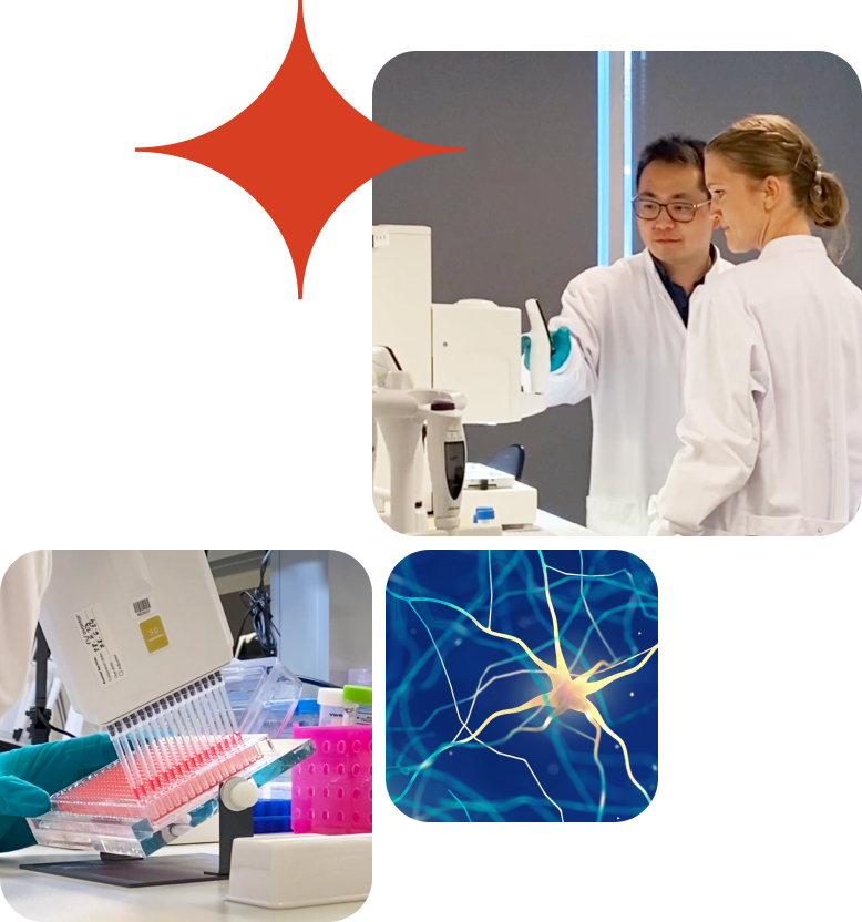 Three photos with rounded corners, one is of two technicians in a lab, one is of lab equipment, the last is of a neuron on a blue background.